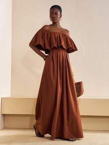 Zivah 2025 秋冬新品，音乐节，毕业季，学院风，学生装，日常休闲，度假，海滩，街头风，通勤优雅，露肩荷叶边连体裤，纹理面料，西装面料，有口袋，棕色连体裤 - 棕色 - 查看 1