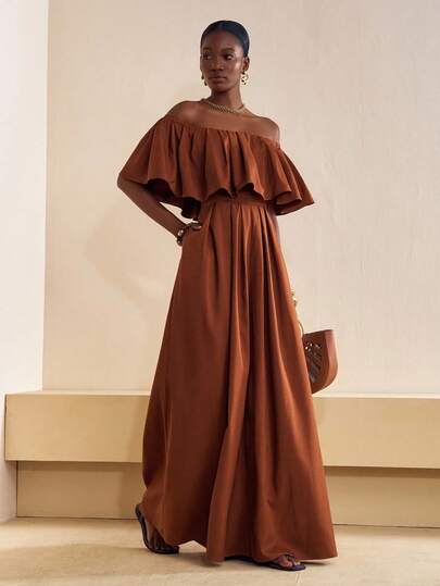 Zivah 2025 秋冬新品，音乐节，毕业季，学院风，学生装，日常休闲，度假，海滩，街头风，通勤优雅，露肩荷叶边连体裤，纹理面料，西装面料，有口袋，棕色连体裤