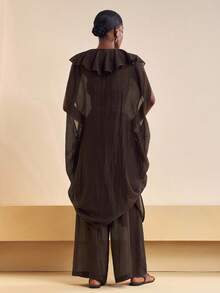 Zivah 2025秋季新品，适合生日派对、聚会、宴会、返校季、学院风、学生装、日常外出、基础百搭、休闲、邮轮旅行、时尚、街头服饰、优雅、通勤、商务休闲，宽松无袖侧开叉不对称下摆斗篷上衣搭配带口袋的阔腿裤，红棕色竖条纹纹理面料，女士两件套，秋季 - 鏽棕色 - 查看 4