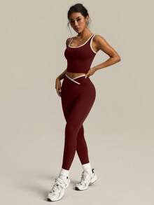 Easithlete 2pcs Women Yoga Contrast Color Sports Set, Sleeveless Top And Tight Pants Activewear Jumpsuit Seamless Yoga Jumpsuit Athletic Two Pieces Set Gym Jumpsuit Workout Jumpsuits Women Activewear Set Gym Outfit Set Gym Leggings Set Workout Set Women S Activewear Set Women Activewear Set Athletic Two Pieces Set Athletic Two Piece Set - Burgundy - View 4