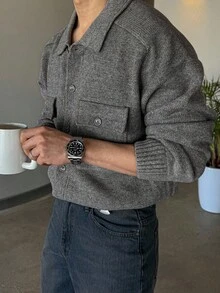 DAZY 男士纯色双胸袋开衫，灰色，秋季 - 深灰色 - 查看 2