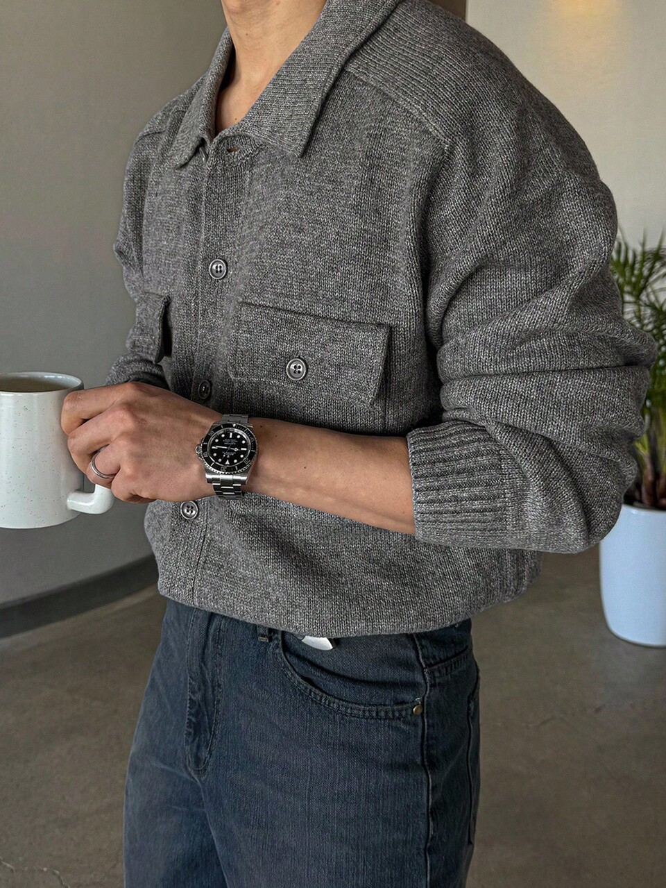 Men's Solid Color Cardigan With Dual Chest Pockets, Gray, Autumn