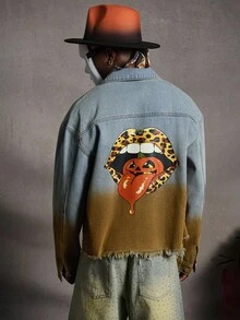 PAVTROS Áo khoác denim dài tay họa tiết da báo, họa tiết môi, thường ngày, mùa thu cho nam - Rửa nhẹ - Xem 4