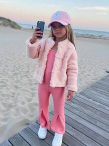 Young Girls T-Shirt Set - Pearl Black Pants & White T-Shirt Fall Winter - Pink - View 6