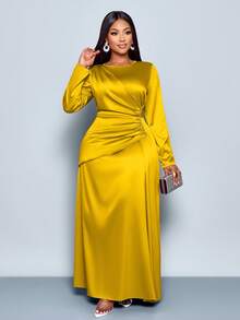 SOLERSUN 女士优雅纯色褶边缎面紧身连衣裙，适合约会派对长款女装 - 芥末黃 - 查看 1