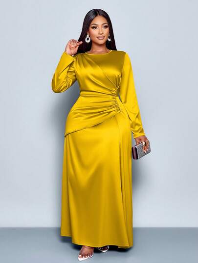 SOLERSUN Women's Elegant Solid Color Ruched Side Satin Bodycon Dress,Suitable For Dating Party Maxi Women Outfit