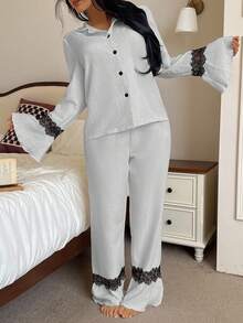 SHEIN 两件套女士休闲长袖撞色蕾丝上衣和裤子睡衣套装 关键词：两件套睡衣套装，秋冬服装 - 灰色 - 查看 4