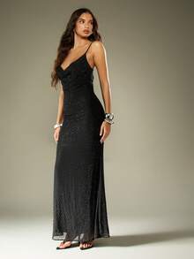MISSGUIDED 镶钻亮片垂领长款晚礼服，后背扭结设计，适合婚礼宾客、派对、舞会等正式场合。 - 黑色 - 查看 5