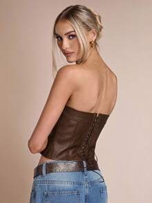 SHEIN BAE Women's Solid Color Fitted Bandeau Top With Boning,Brown Top - Mocha Brown - View 2