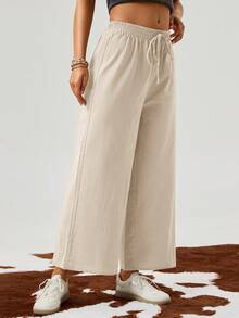 SHEIN LUNE 女士休闲亚麻混纺九分裤，卡其色，适合返校、教师制服、秋季 - 卡其色 - 查看 4