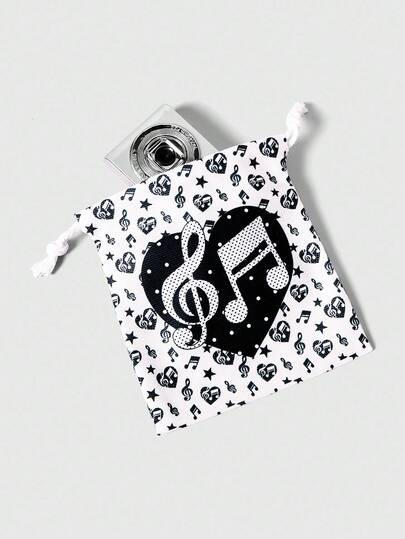 Kawaii Bolsa de maquillaje y monedero con cordón, de estilo minimalista y con estampado de lunares y notas musicales, de gran capacidad