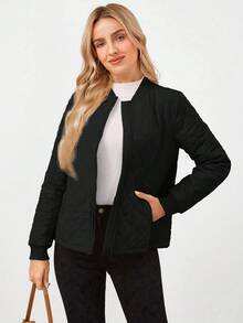 EMERY ROSE Plus Size Black Solid Color Long Sleeve Zip-Up Casual Baseball Jacket,Minimalist Quilted Warm Outerwear For Autumn,Spring,Commuting & Everyday Wear - Black - View 3