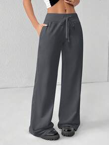 SHEIN PETITE Pantalon de survêtement confortable et décontracté en tricot uni à taille basse et jambes larges pour femmes
