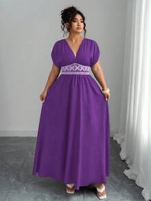 Elenzga 大码女式休闲长裙，腰部刺绣，佩斯利复古印花，波西米亚风 V 领，褶皱肩部，收腰，修身，优雅适合外出、下午茶、聚会、日常、度假 - 紫色 - 查看 7