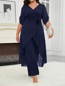 Reflora Monos elegantes sin mangas con cintura ceñida para mujer de talla grande - Azul Marino - Ver 3