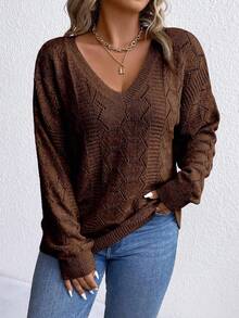 Plus Size Women Casual Maillard Color V-Neck Pullover Sweater - Coffee Brown - View 5