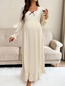 SHEIN 孕妇纯色简约长袖休闲连衣裙 - 杏色 - 查看 4