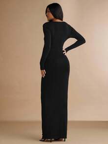 Silquee Robe longue sexy pour femmes avec encolure en V noire, décoration de rose en métal ajouré, boutons élastiques. Convient pour les rendez-vous, les fêtes, les mariages, la Saint-Valentin - Noir - Voir 2