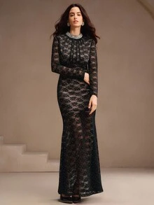 Anewsta Elegant High-End Black 3D Rhinestone Lace Long Sleeve Fitted Mermaid Dress For Women, Autumn/Winter - Black - View 6