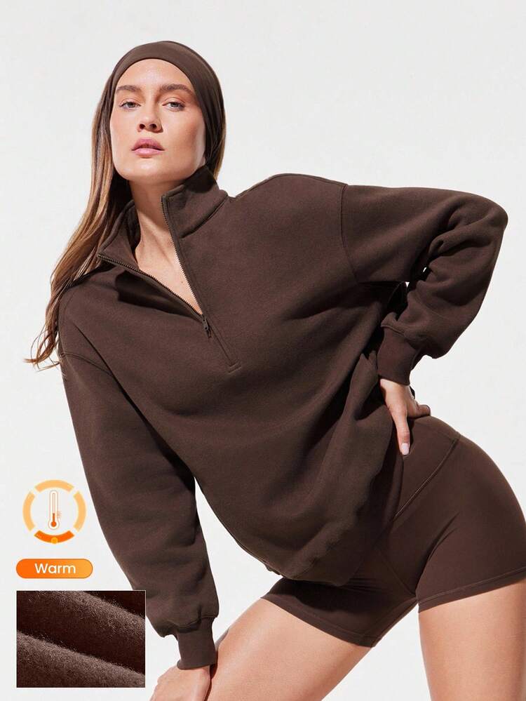 Everyday Fleece Loose Hip Length Half-Zip Long Sleeve Sweatshirt With Side Pockets Daily Casual Fall Winter