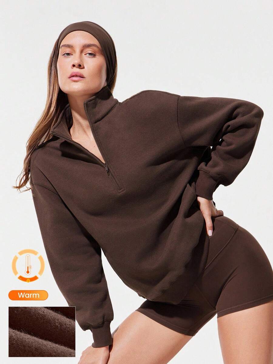 GLOWMODE Sudadera holgada de forro polar de media cremallera de longitud hasta la cadera con bolsillos laterales, de uso diario y casual para otoño e invierno - Marrón - Ver 1
