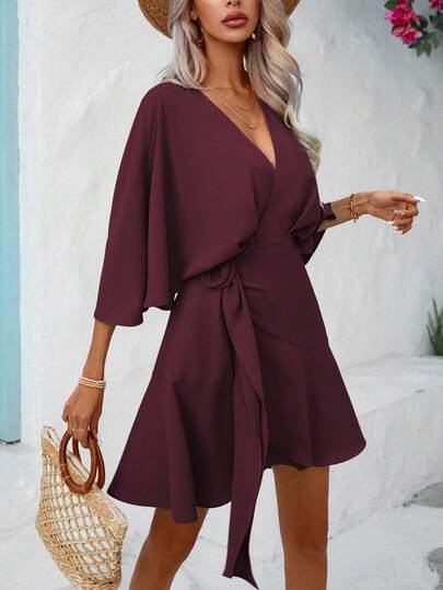 EMERY ROSE Vestido de manga morcego com nó lateral e estampa de borboleta, roupa de praia para mulheres