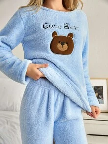 EURMUSE 女士两件套毛绒绒可爱小熊刺绣家居睡衣套装 - 藍色 - 查看 4