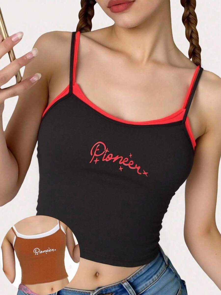 2 件套青少年女孩休闲时尚街头字母印花二合一舒适打底上衣，夏季 - 彩色 - 查看 1