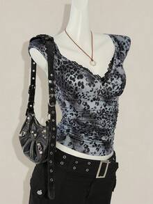 SHEIN ICON Áo thun bó sát họa tiết da báo và ren tương phản Y2K dành cho nữ - Xám - Xem 5