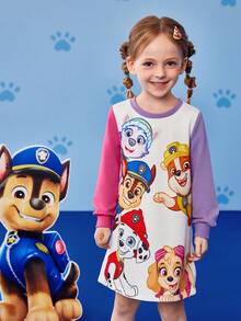 SHEIN | PAW Patrol 年轻女孩可爱卡通小狗印花圆领长袖针织运动衫连衣裙 - 粉色 - 查看 3
