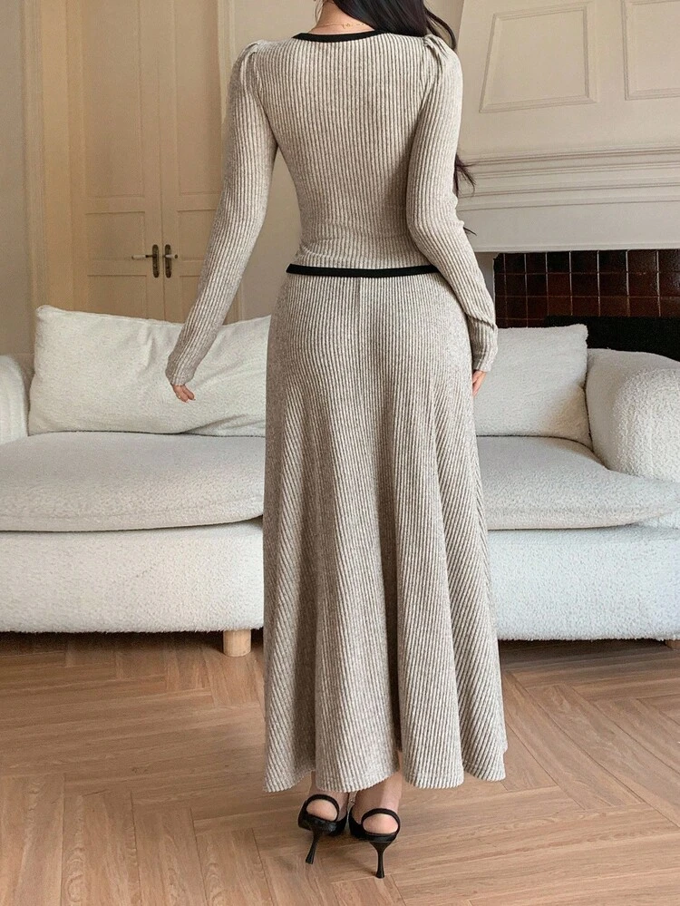 Women's Casual Contrast Color Patchwork V-Neck Top And A-Line Skirt 2 Pieces Set, Autumn