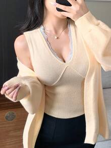 DAZY 2 件套女士优雅蕾丝拼布吊带背心开衫毛衣套装，秋季 - 杏色 - 查看 9