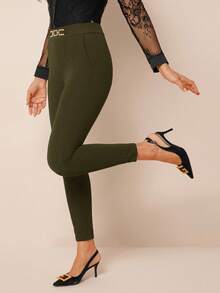 Amorya 女式高腰金属扣细节紧身裤 - 綠色 - 查看 7