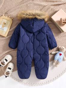SHEIN 男婴/女婴厚保暖内衬纹理面料连帽拉链连体衣，适合雪地玩耍、室内外、秋冬季 - 藏蓝色 - 查看 3