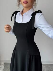 Elenzga New Women's Square Neck Wide Strap Bow Knit Textured Fabric Faux Pocket Pleated Design Dress, Casual Vacation Everyday Versatile Young Elegant, Spring/Summer