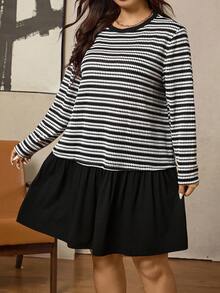 SHEIN LUNE Plus Size Women's Striped Patchwork Solid Hem Mini Dress,Long Sleeves Round Neck A-Line Ruffle Hem Black And White,Autumn,Casual,Everyday Fall Clothes - Black - View 2