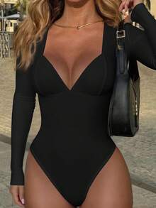 SHEIN Bộ đồ liền thân dài tay ôm sát gợi cảm màu trơn tối giản dành cho nữ - màu đen - Xem 3