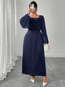 Modelyn 大码女式撞色拼接垂坠领收腰 A 字长袖连衣裙，时尚蓝色，秋冬 - 藏蓝色 - 查看 6