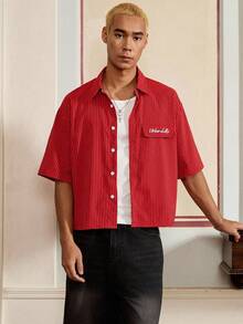 SWAVVY Men's Casual Striped Print Loose Fit Short Sleeve Shirt, Spring/Summer - Red - View 5