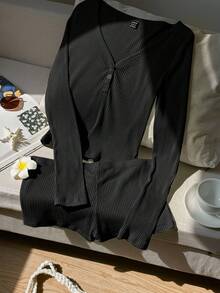 SHEIN EZwear 2 件套女士黑色休闲长袖上衣和短裤套装，夏季 - 黑色 - 查看 3
