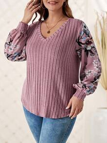 Rosumi Plus Floral Print Lantern Sleeve Tee