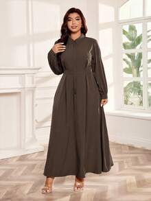 SHEIN Clasi Vestido de manga farol de unicolor elegante talla grande, adecuado para ir al trabajo - Marrón - Ver 3
