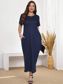 Miaspire 加大码纯色短袖连衣裙，时尚夏季女士夏装，女士春季连衣裙女士加大码连衣裙 - 寶藍色 - 查看 1