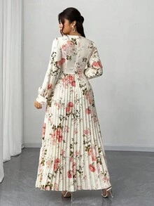 Elenzga Plus Size Women's Spring/Summer Vacation, Elegant Romantic Party, Wedding Guest Floral Print Long Sleeve V-Neck Pleated Flowing Maxi Dress - Multicolor - View 2