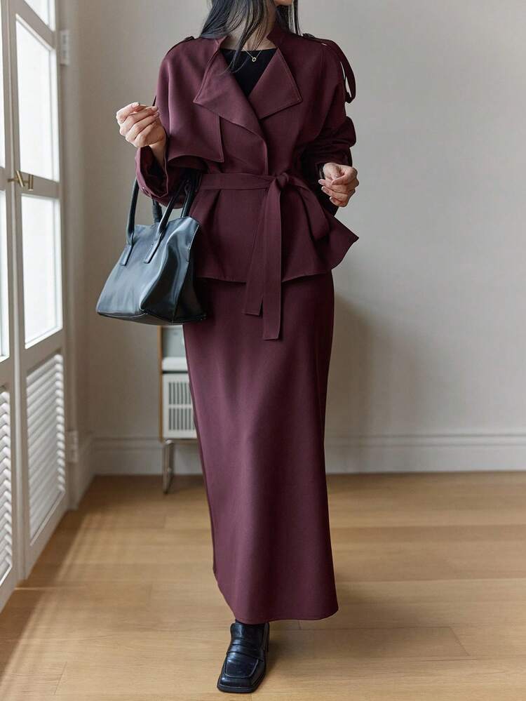 Women's Loose Fit Short Windbreaker Jacket And Straight Long Skirt 2 Pieces Casual Set