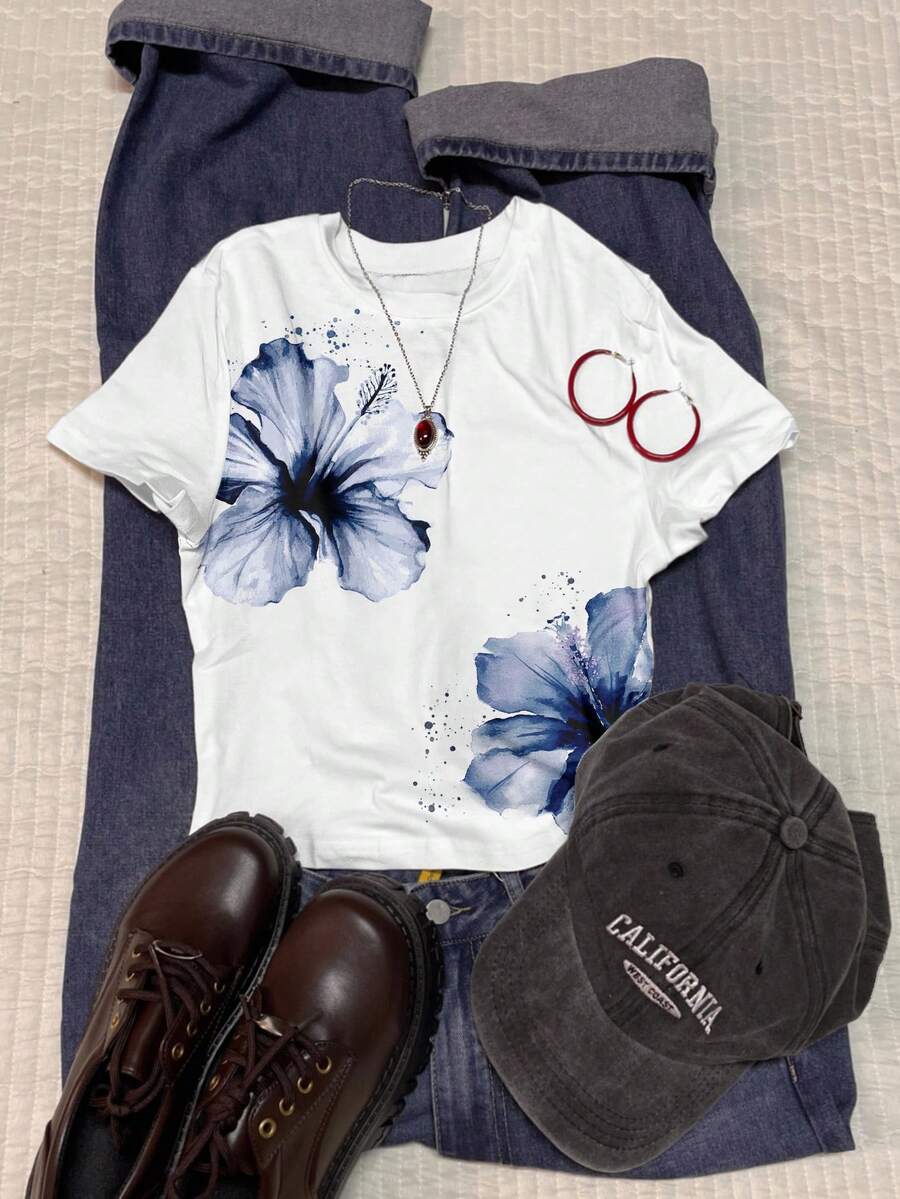 SHEIN Attitoon 女士圆领短袖合身度假花卉蓝色印花T恤，适合夏季，Y2K - 彩色 - 查看 1