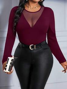 SHEIN Lady 2025 New Spring And Summer Autumn And Winter Elegant Burgundy  Knitted Round Neck Long Sleeve Contrast Mesh Plus Size T-Shirts Halloween Plus Halloween Clothes Women Sheer Classy For Women Elegant Bodysuits For Women Long Sleeve Elegant 2 Piece Set 2 Piece Sets Curvy Curve 2 Piece Outfits 2 Piece Sets Woman Classyparty Top  Halloween Costumes Christmas Clothes