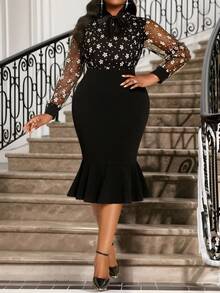 SHEIN Lady 加大码网眼拼布透明美人鱼下摆优雅长袖连衣裙 - 黑色 - 查看 7