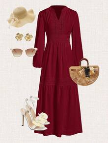 Gownix Women's Woven Jacquard Texture V-Neck Ruffle Hem Lace Trim Summer Dress - Burgundy - View 3