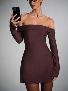 SHEIN BAE Fall And Winter Women's Solid Color Off Shoulder Long Sleeve Zipper Back Design Fashion Dress, Brown Dress Women,Elegant Suit Dress - Rust Brown - View 6